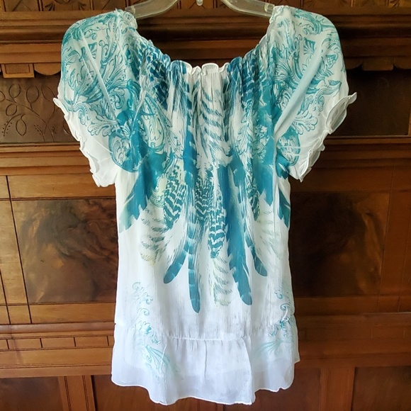 BCX Peasant Style Blue/Turquoise & White Print Short Sleeve Top S - Picture 4 of 7